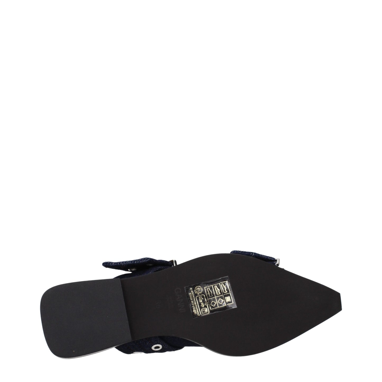 Ganni – Flache Sandalen aus blauem Stoff