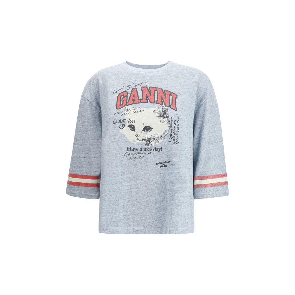 Ganni – T-Shirt aus melierter Baumwolle mit 3/4-Ärmeln