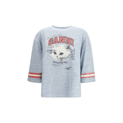 Ganni – T-Shirt aus melierter Baumwolle mit 3/4-Ärmeln