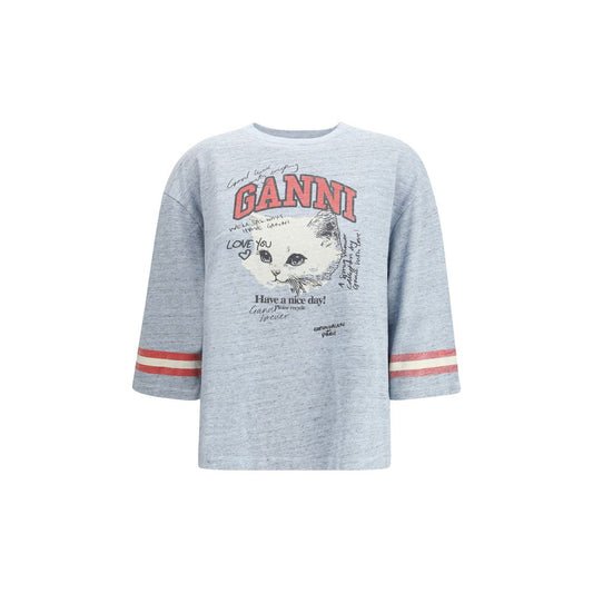 Ganni – T-Shirt aus melierter Baumwolle mit 3/4-Ärmeln
