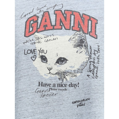 Ganni – T-Shirt aus melierter Baumwolle mit 3/4-Ärmeln