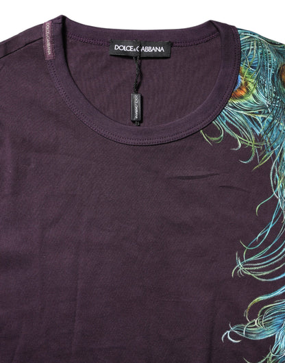 Dolce &amp; Gabbana Violettes Pfauenfeder-T-Shirt für Herren mit Rundhalsausschnitt