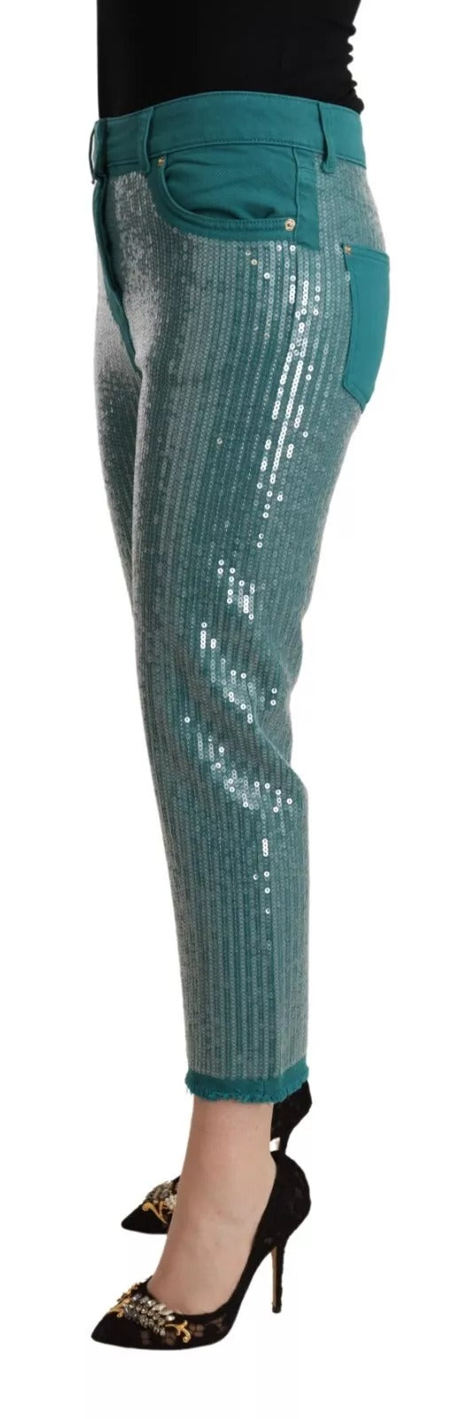 Blumarine – Cadet Blue – Kurze Hose mit Pailletten und niedriger Taille