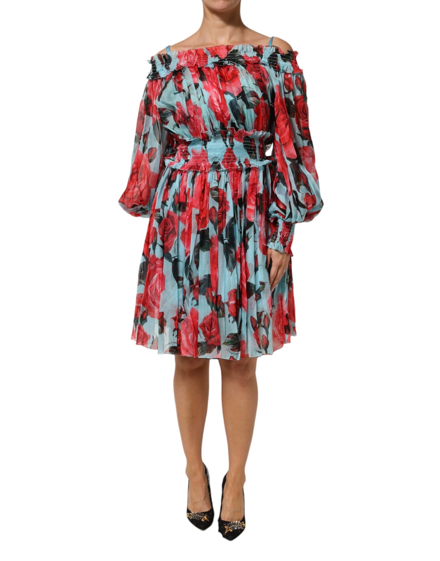 Dolce &amp; Gabbana Mehrfarbiges Kleid aus romantischem Seidenchiffon mit Blumenmuster