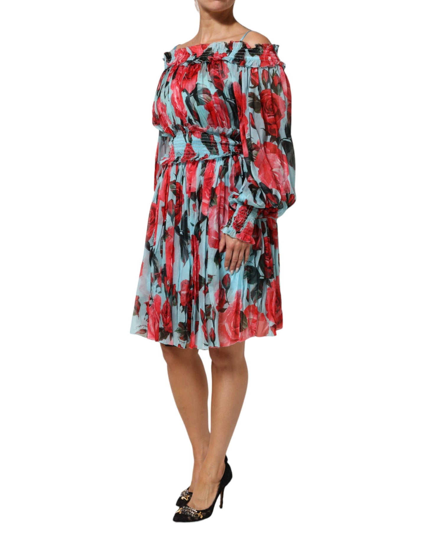 Dolce &amp; Gabbana Mehrfarbiges Kleid aus romantischem Seidenchiffon mit Blumenmuster