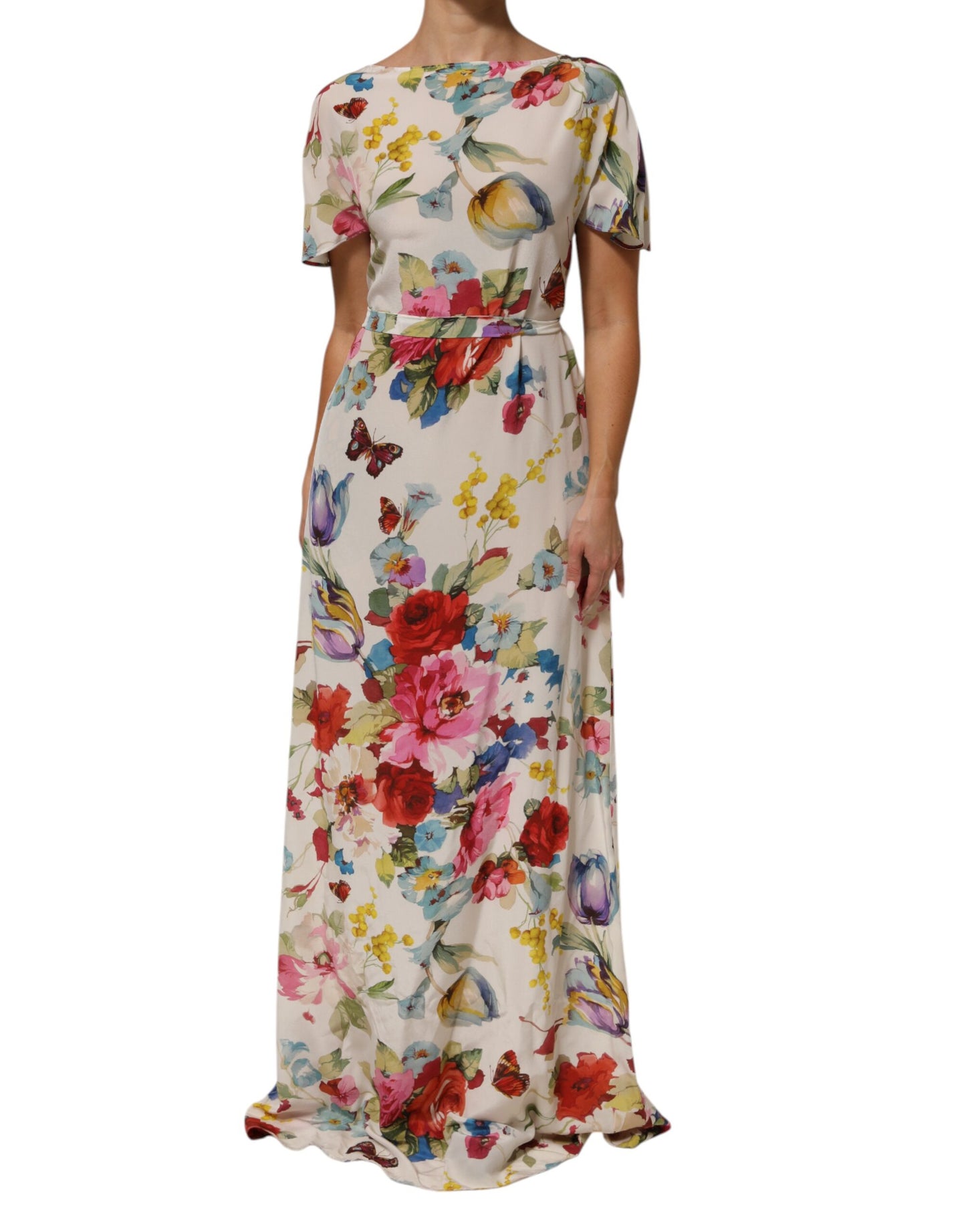 Dolce &amp; Gabbana – Langes Etuikleid aus Seide mit Blumenmuster in Weiß