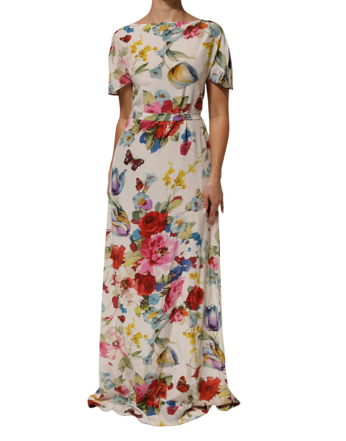 Dolce &amp; Gabbana – Langes Etuikleid aus Seide mit Blumenmuster in Weiß