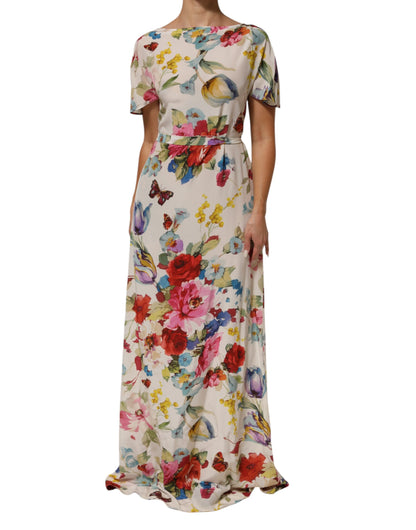 Dolce &amp; Gabbana – Langes Etuikleid aus Seide mit Blumenmuster in Weiß