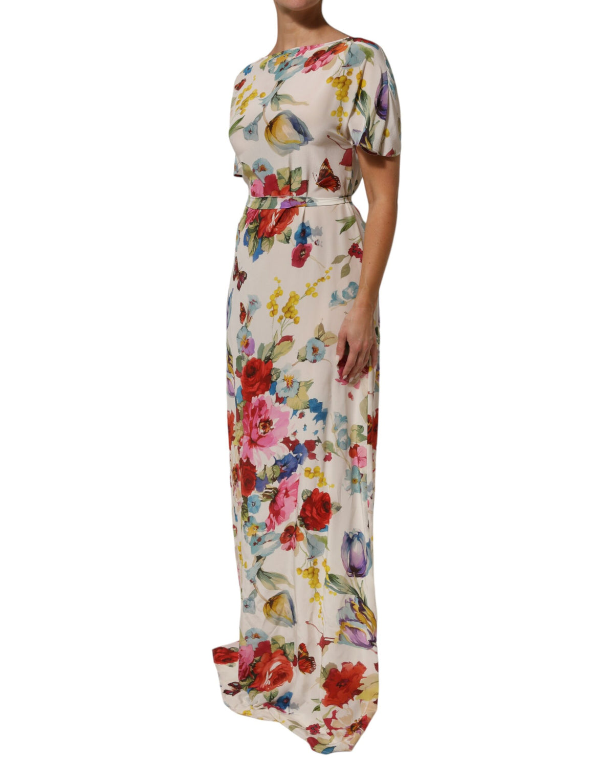 Dolce &amp; Gabbana – Langes Etuikleid aus Seide mit Blumenmuster in Weiß