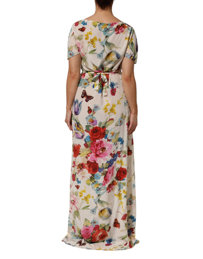 Dolce &amp; Gabbana – Langes Etuikleid aus Seide mit Blumenmuster in Weiß