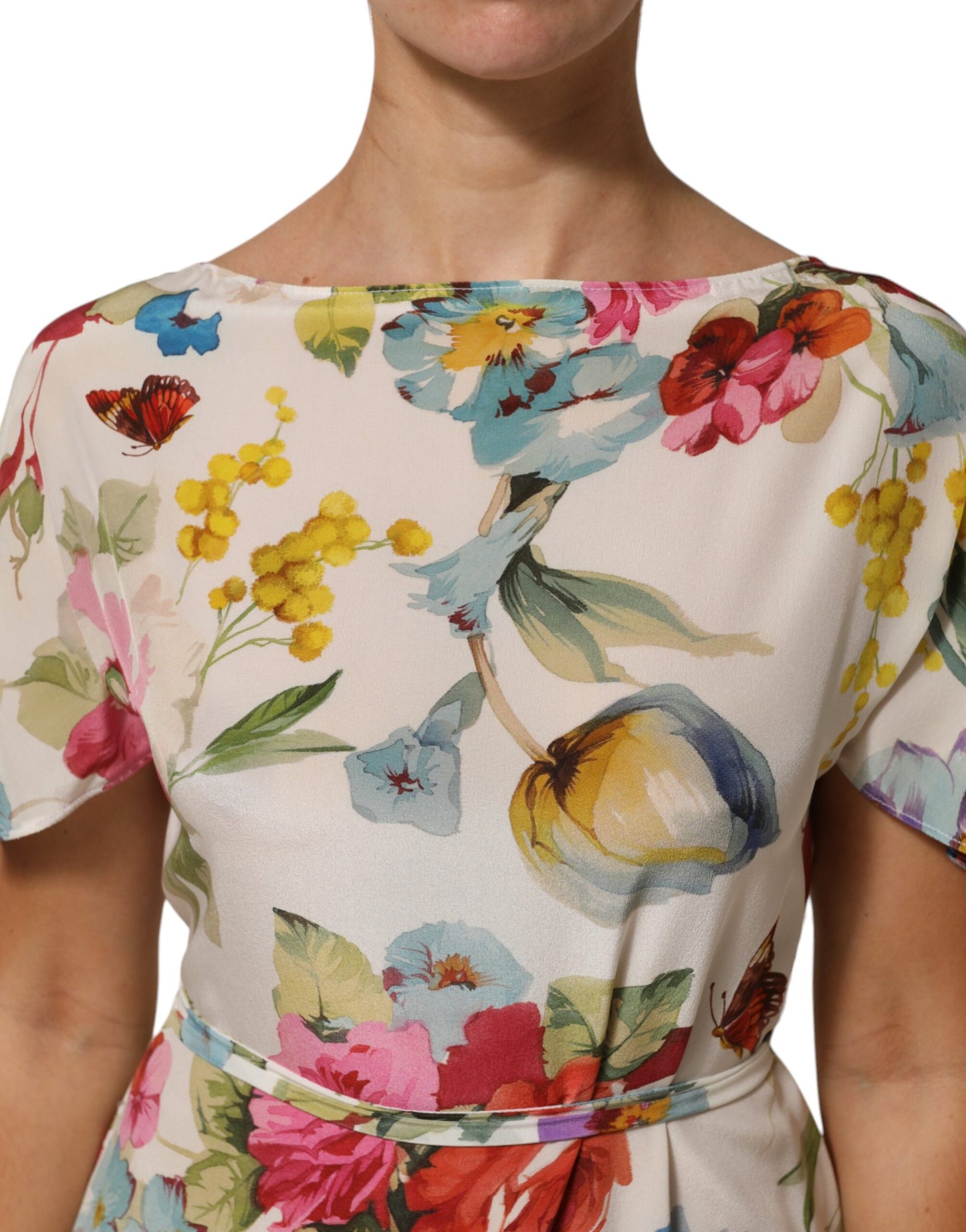 Dolce &amp; Gabbana – Langes Etuikleid aus Seide mit Blumenmuster in Weiß
