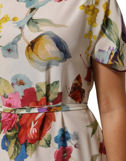 Dolce &amp; Gabbana – Langes Etuikleid aus Seide mit Blumenmuster in Weiß