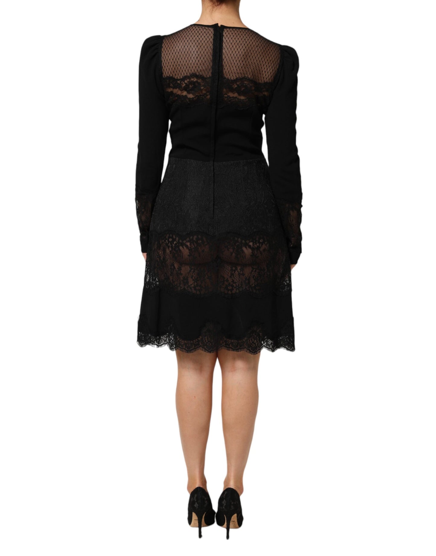 Dolce &amp; Gabbana – Schwarzes Etuikleid in A-Linie mit floralem Spitzenbesatz