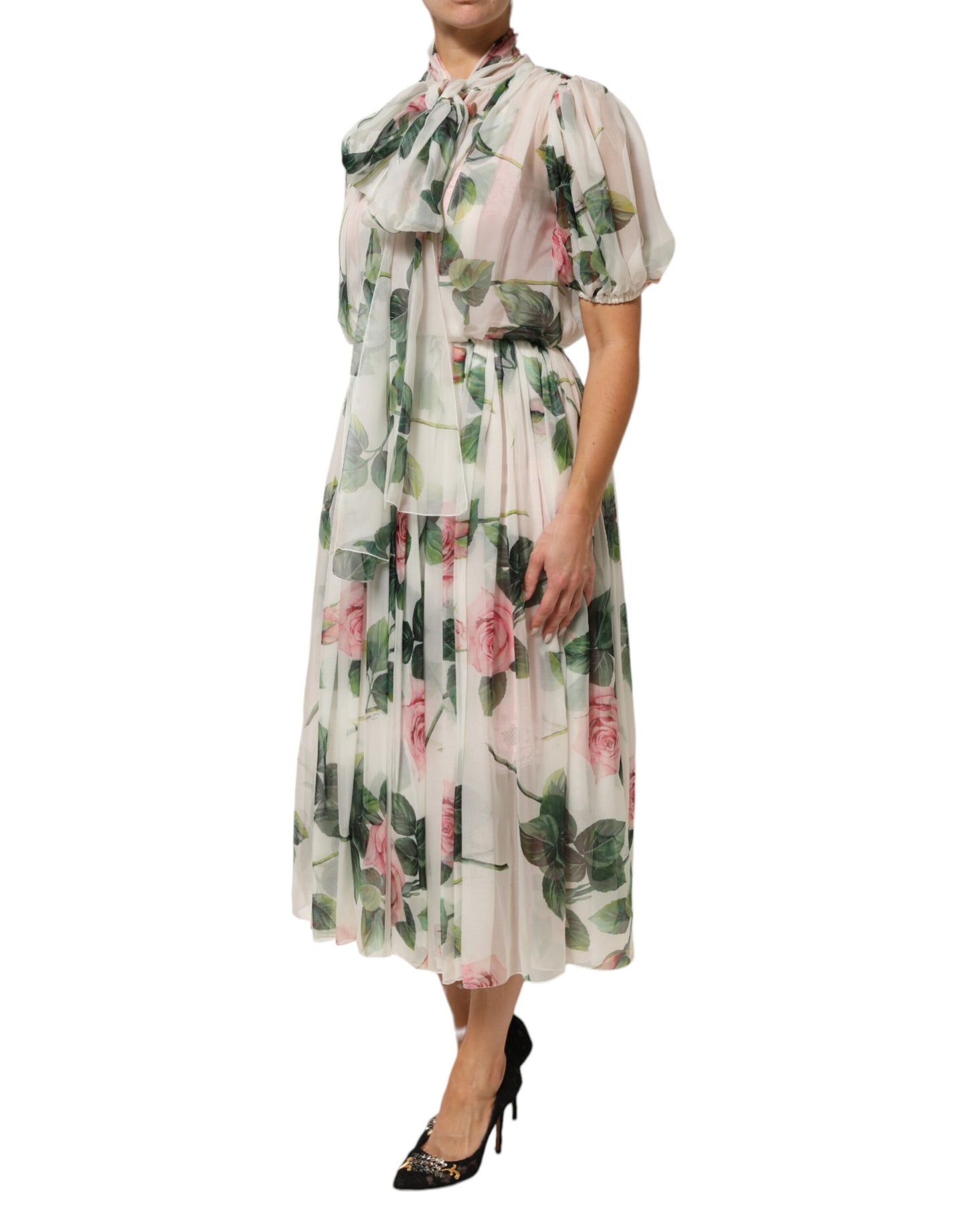 Dolce &amp; Gabbana – Weißes, plissiertes Midikleid aus Seide mit Blumendruck