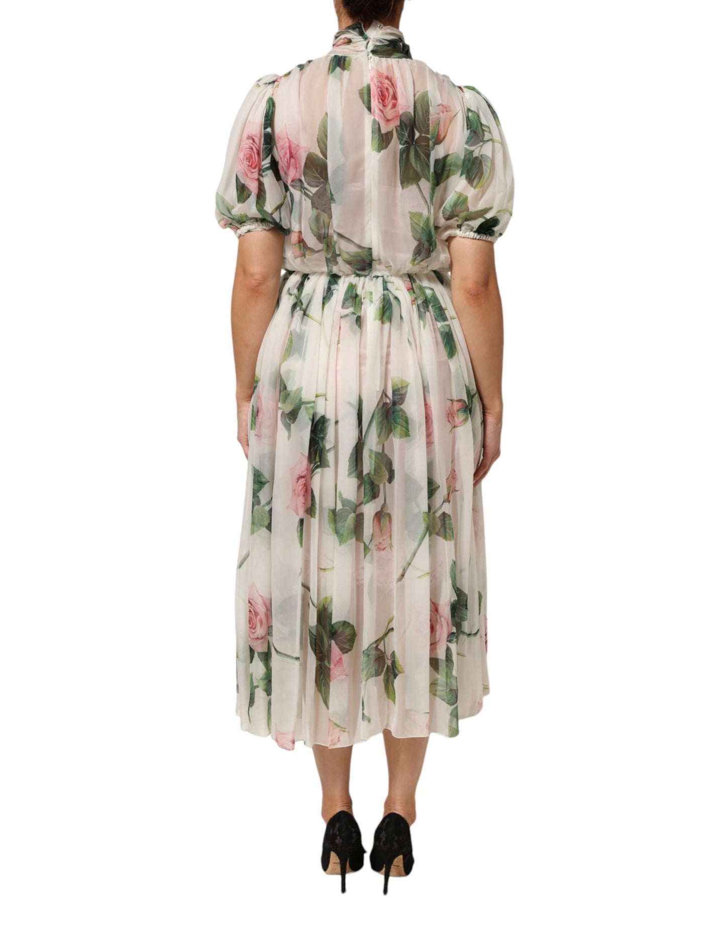 Dolce &amp; Gabbana – Weißes, plissiertes Midikleid aus Seide mit Blumendruck