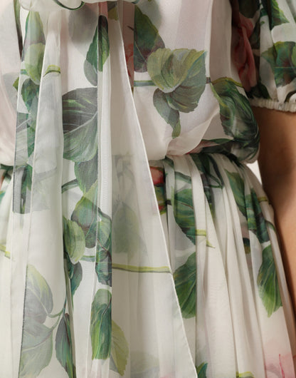 Dolce &amp; Gabbana – Weißes, plissiertes Midikleid aus Seide mit Blumendruck