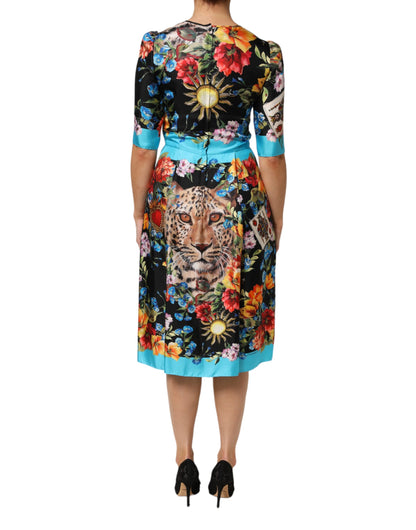 Dolce & Gabbana Black Leopard Floral Silk Sheath Midi Dress