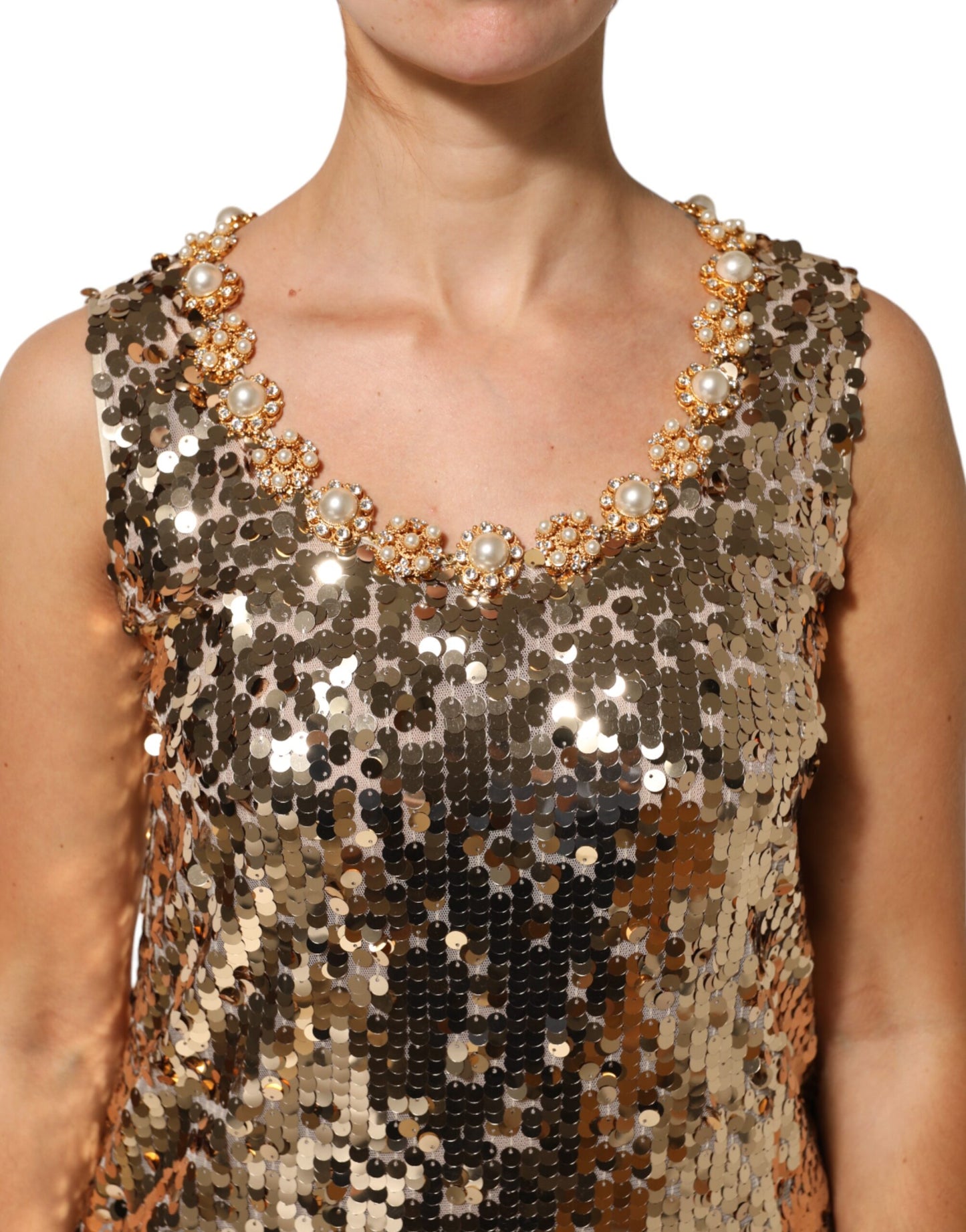 Dolce &amp; Gabbana – Mini-Etuikleid aus Nylon mit goldenen Pailletten in A-Linie