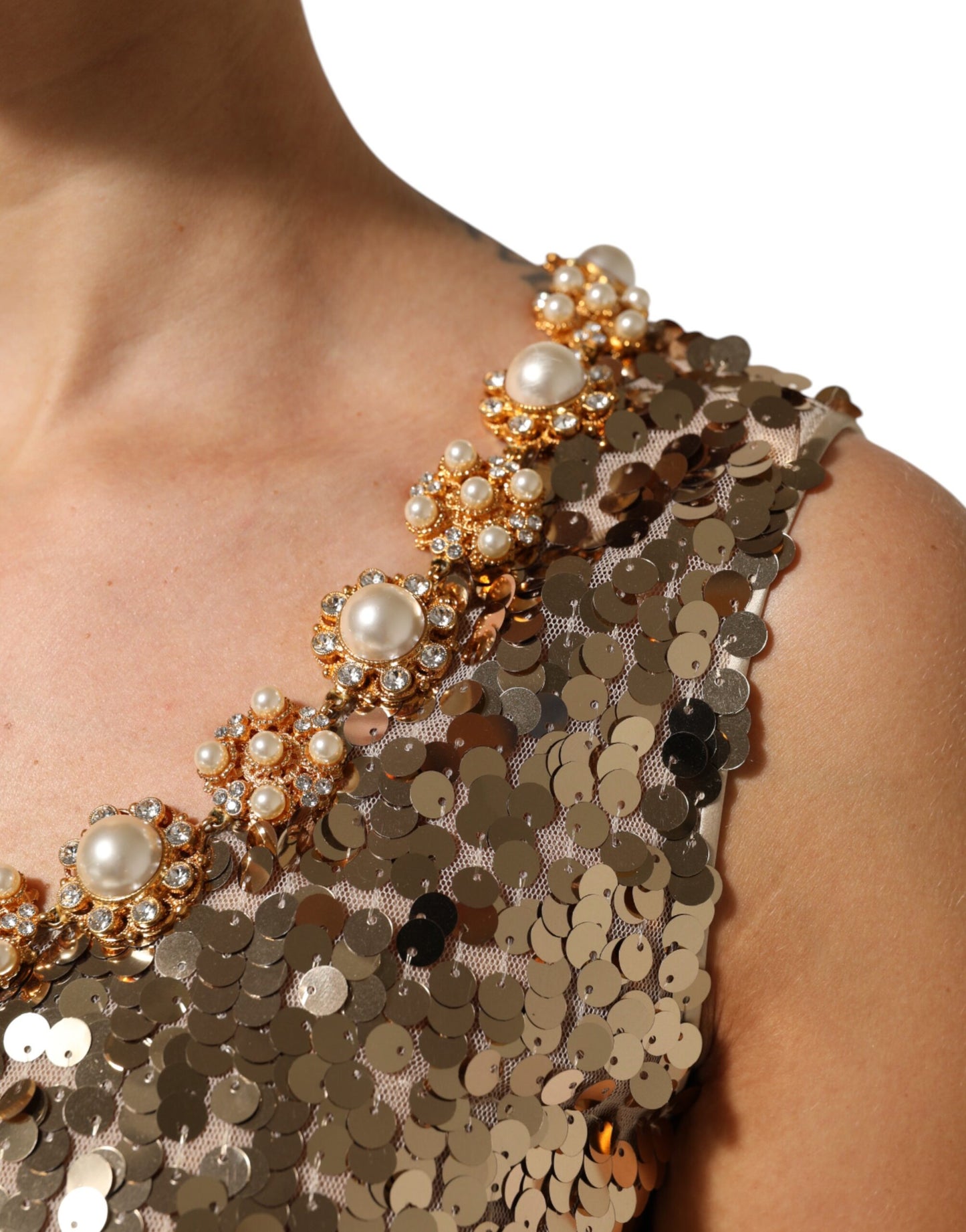 Dolce &amp; Gabbana – Mini-Etuikleid aus Nylon mit goldenen Pailletten in A-Linie
