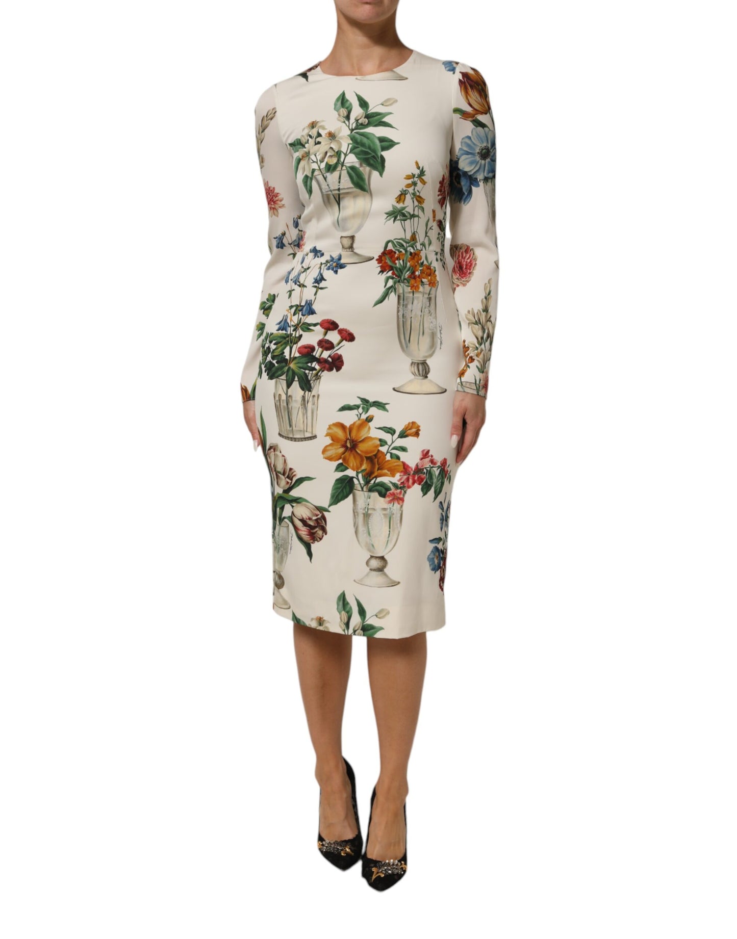 Dolce &amp; Gabbana – Weißes Midi-Etuikleid aus Seide mit Blumenvase