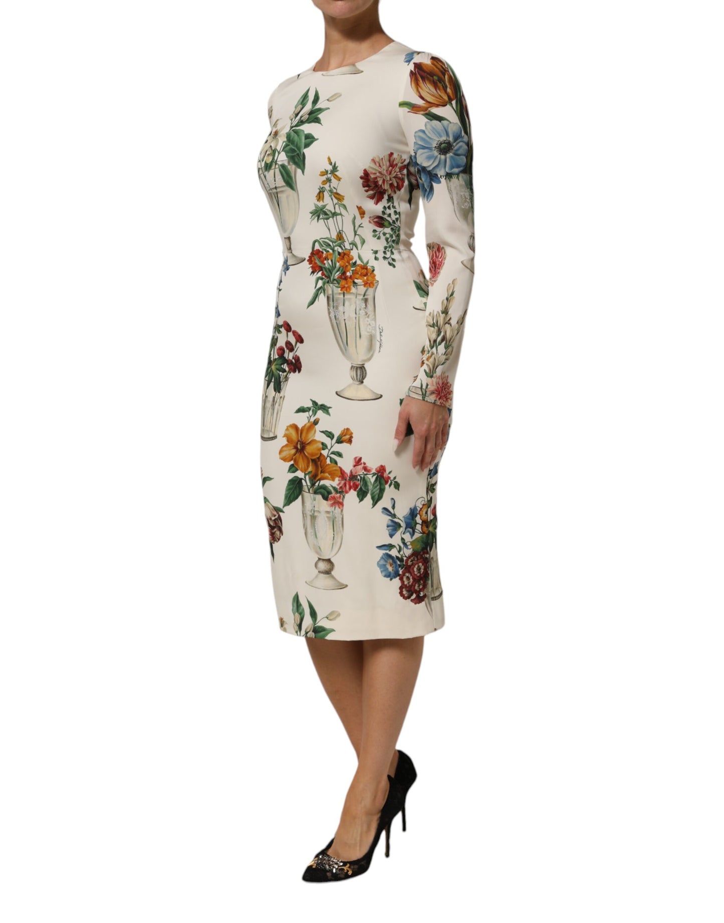 Dolce &amp; Gabbana – Weißes Midi-Etuikleid aus Seide mit Blumenvase