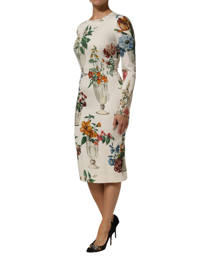 Dolce &amp; Gabbana – Weißes Midi-Etuikleid aus Seide mit Blumenvase