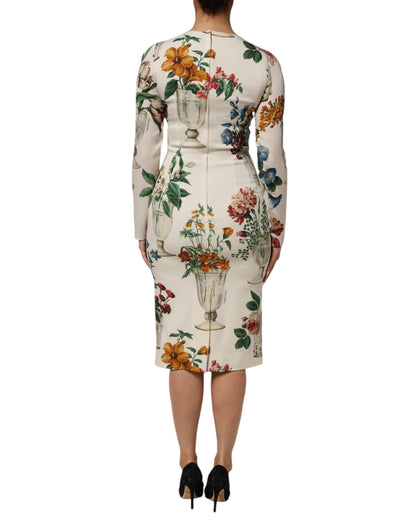 Dolce &amp; Gabbana – Weißes Midi-Etuikleid aus Seide mit Blumenvase