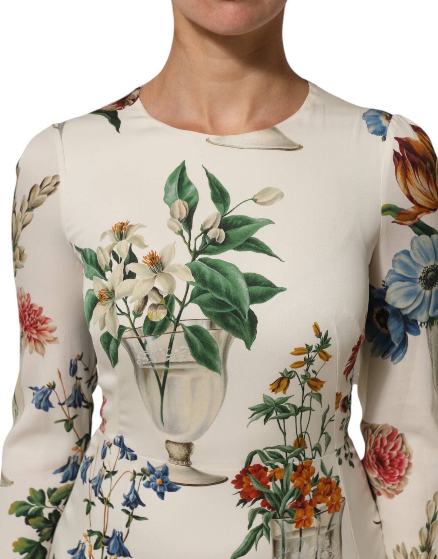 Dolce &amp; Gabbana – Weißes Midi-Etuikleid aus Seide mit Blumenvase