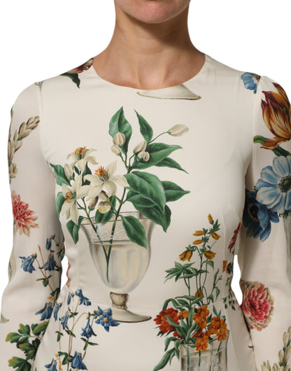 Dolce &amp; Gabbana – Weißes Midi-Etuikleid aus Seide mit Blumenvase
