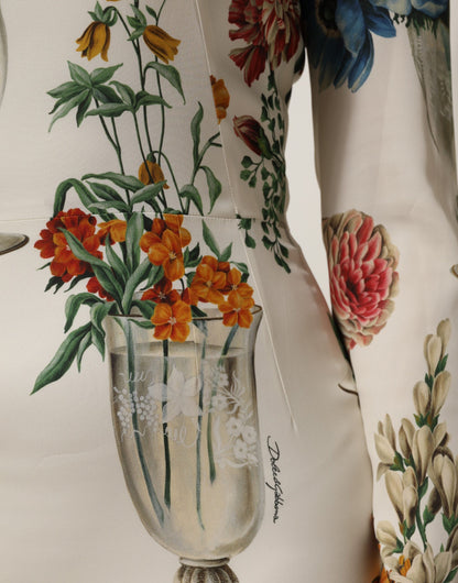 Dolce &amp; Gabbana – Weißes Midi-Etuikleid aus Seide mit Blumenvase