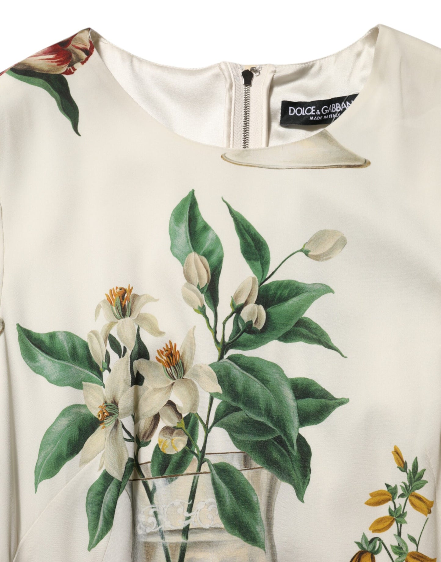 Dolce &amp; Gabbana – Weißes Midi-Etuikleid aus Seide mit Blumenvase