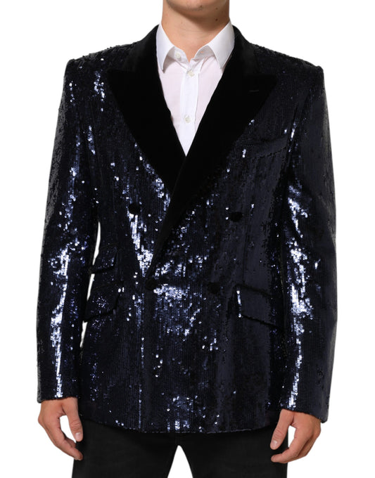 Dolce &amp; Gabbana Blauer Pailletten-Blazer SICILIA mit zweireihigem Saum