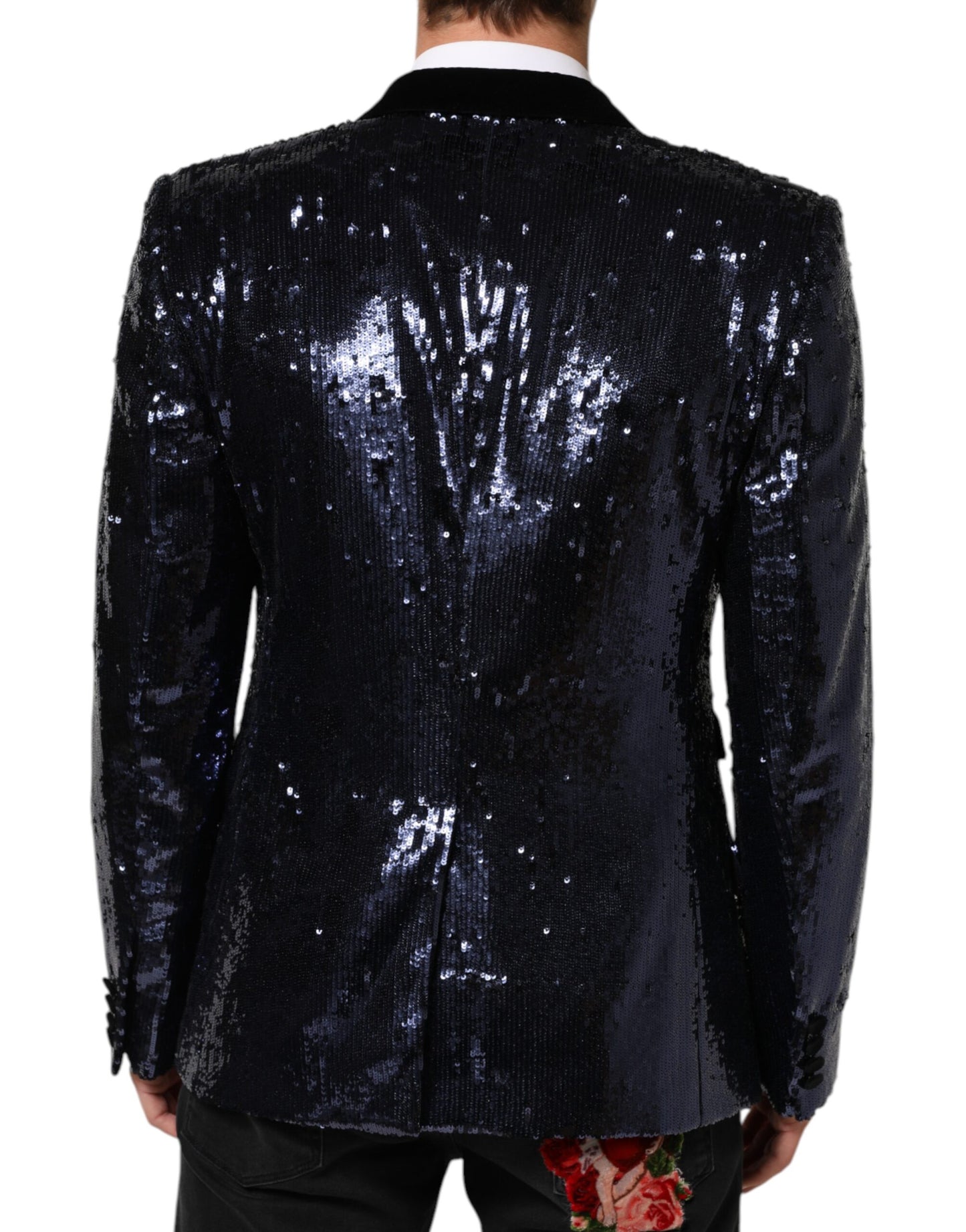 Dolce &amp; Gabbana Blauer Pailletten-Blazer SICILIA mit zweireihigem Saum