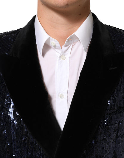 Dolce &amp; Gabbana Blauer Pailletten-Blazer SICILIA mit zweireihigem Saum