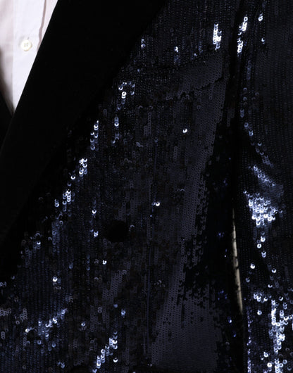 Dolce &amp; Gabbana Blauer Pailletten-Blazer SICILIA mit zweireihigem Saum