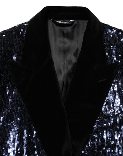 Dolce &amp; Gabbana Blauer Pailletten-Blazer SICILIA mit zweireihigem Saum