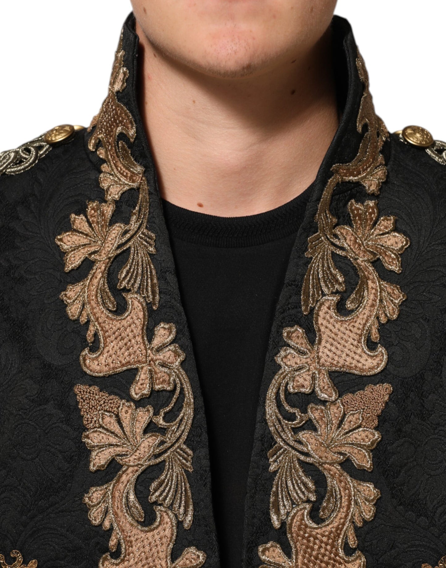 Dolce &amp; Gabbana Schwarze Brokat-Stickerei Herren Manteljacke