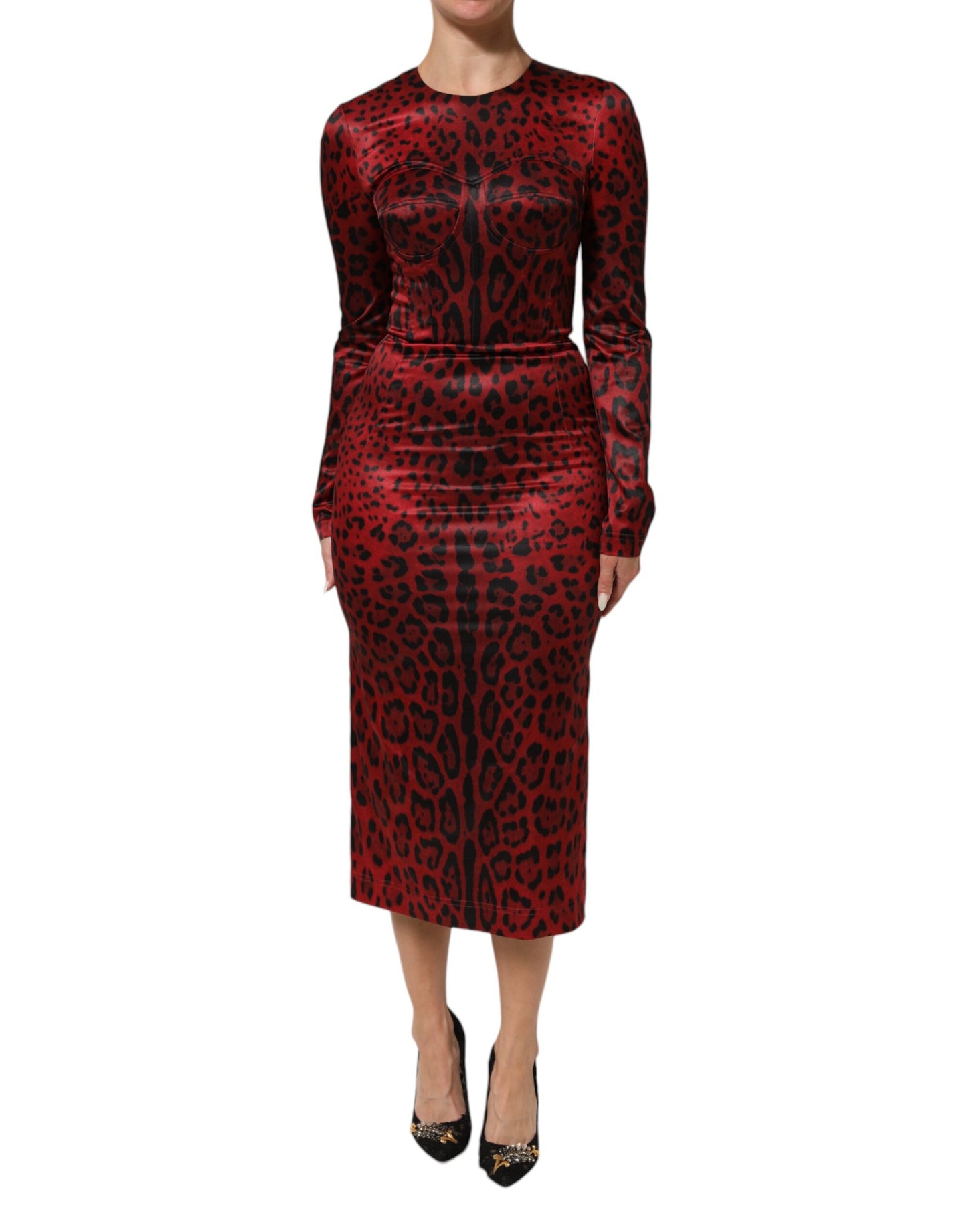 Dolce &amp; Gabbana – Rotes Etuikleid mit langen Ärmeln und Leopardenmuster
