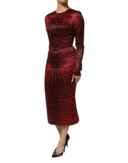 Dolce &amp; Gabbana – Rotes Etuikleid mit langen Ärmeln und Leopardenmuster