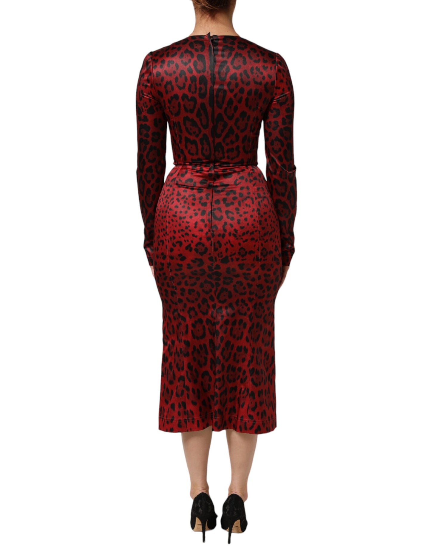 Dolce &amp; Gabbana – Rotes Etuikleid mit langen Ärmeln und Leopardenmuster