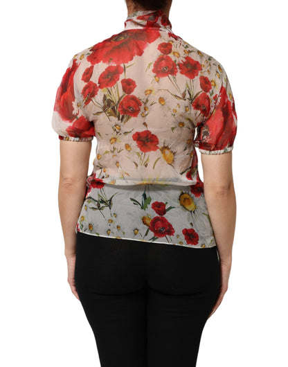 Dolce &amp; Gabbana – Weiße Bluse mit Blumenmuster und Schleife am Halsausschnitt und Mohnmuster