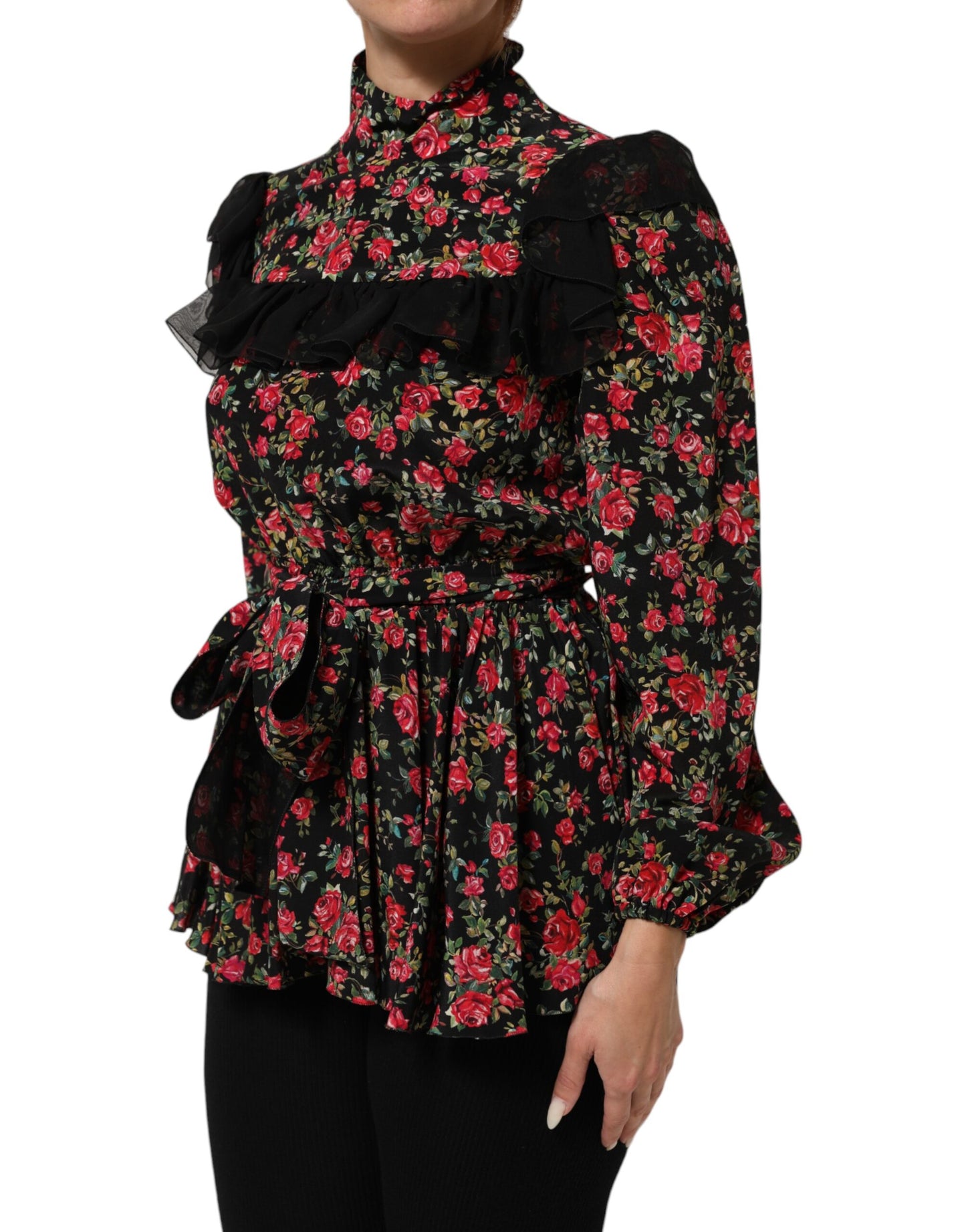Dolce &amp; Gabbana – Schwarzes, langärmliges Blusentop mit Blumenmuster
