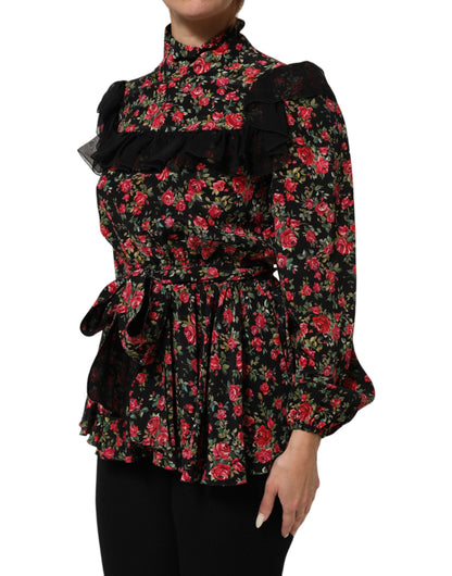 Dolce &amp; Gabbana – Schwarzes, langärmliges Blusentop mit Blumenmuster