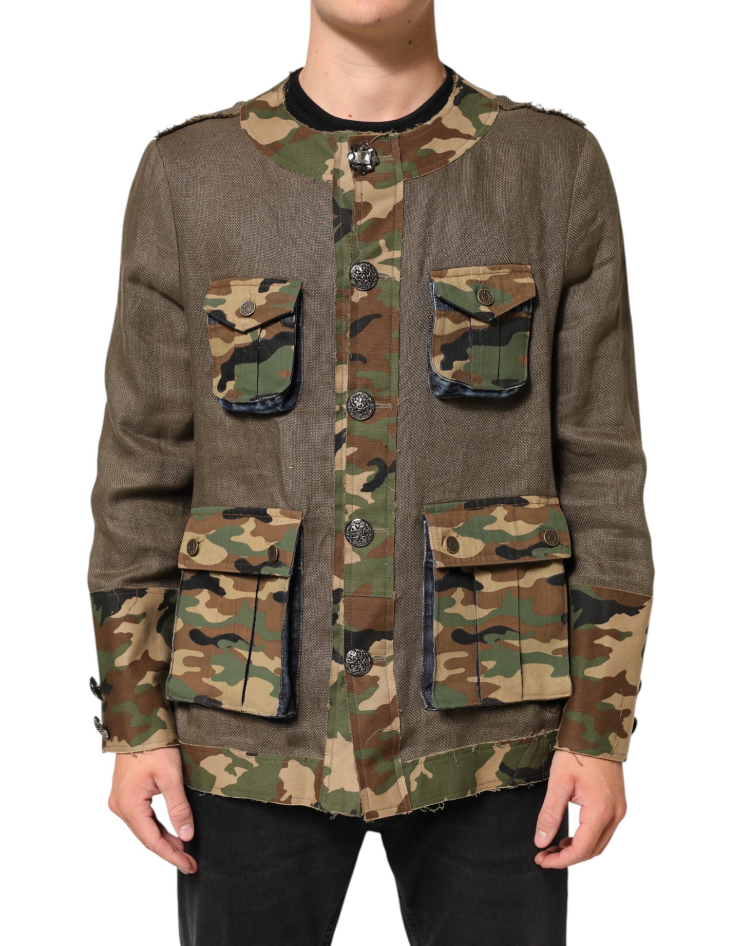Dolce &amp; Gabbana – Braune Camouflage-Leinenjacke mit Knopfleiste