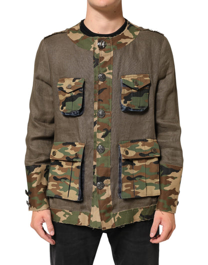 Dolce &amp; Gabbana – Braune Camouflage-Leinenjacke mit Knopfleiste