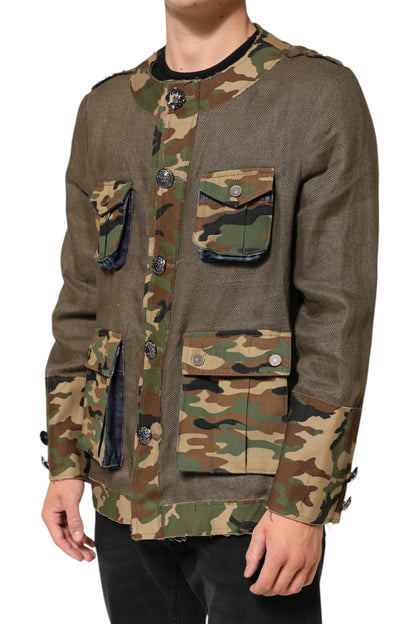 Dolce &amp; Gabbana – Braune Camouflage-Leinenjacke mit Knopfleiste