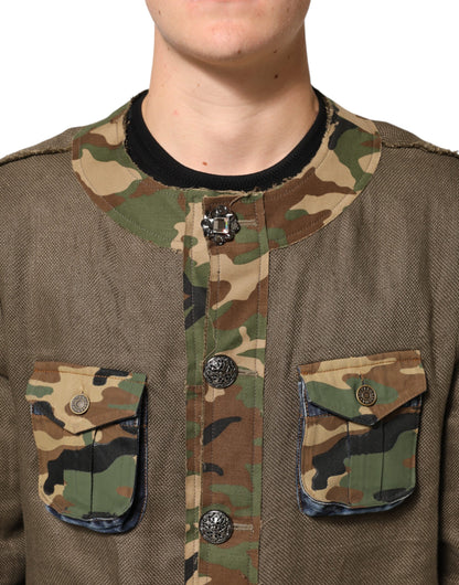 Dolce &amp; Gabbana – Braune Camouflage-Leinenjacke mit Knopfleiste