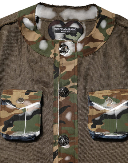 Dolce &amp; Gabbana – Braune Camouflage-Leinenjacke mit Knopfleiste