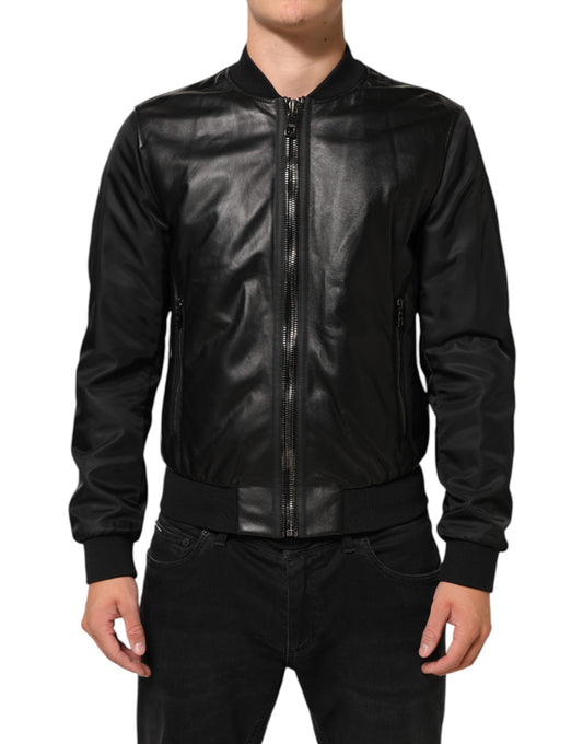 Dolce & Gabbana – Schwarze Blousonjacke aus Leder und Nylon mit durchgehendem Reißverschluss