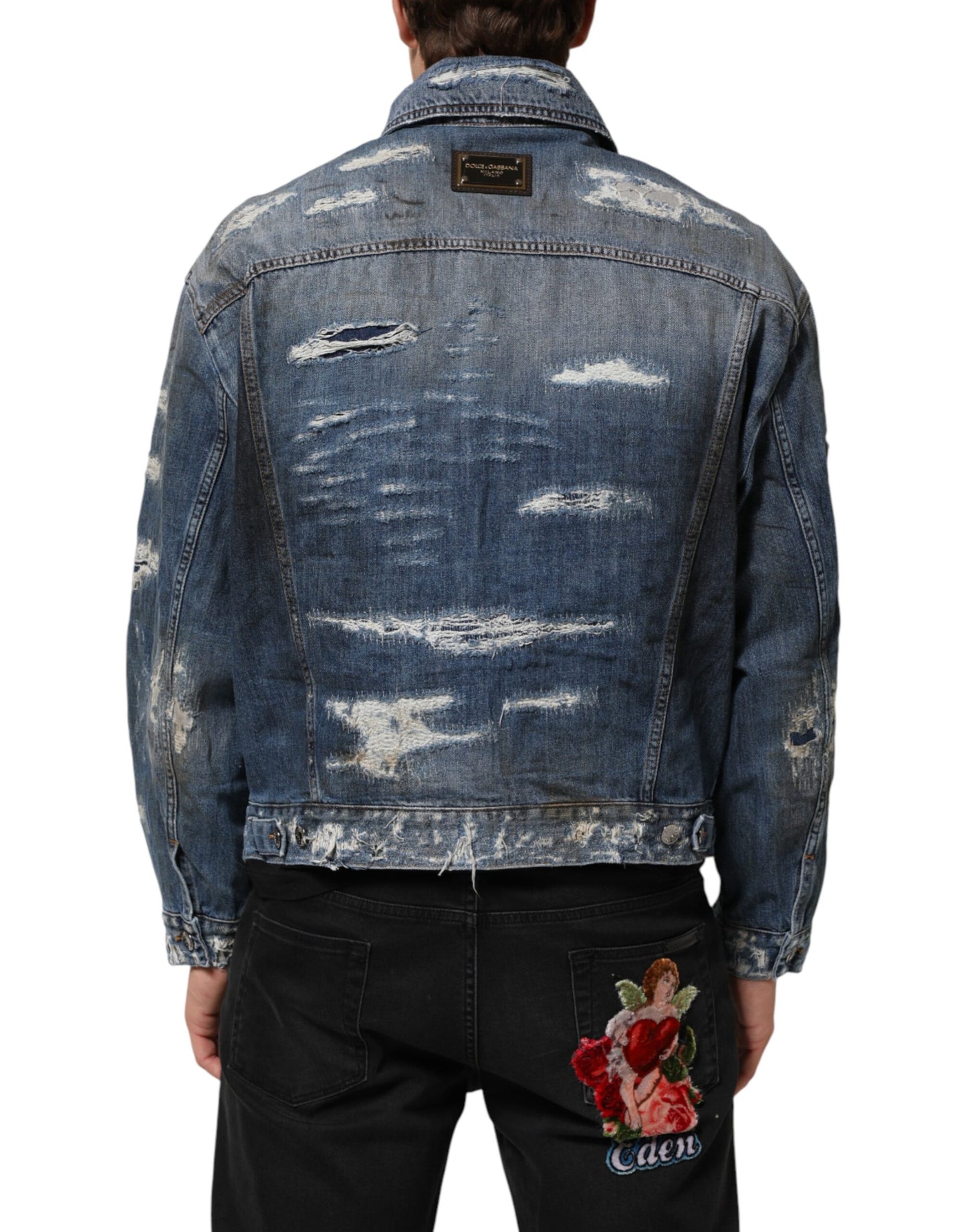Dolce &amp; Gabbana – Blousonjacke aus zerfetztem Baumwoll-Denim in Blau